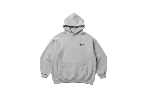 Ken Divine Hoodie in grey marl, front view showing KEN DIVINE chest logo on white background