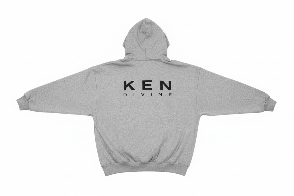Ken Divine Hoodie in grey marl, back view showing KEN DIVINE screen print on white background