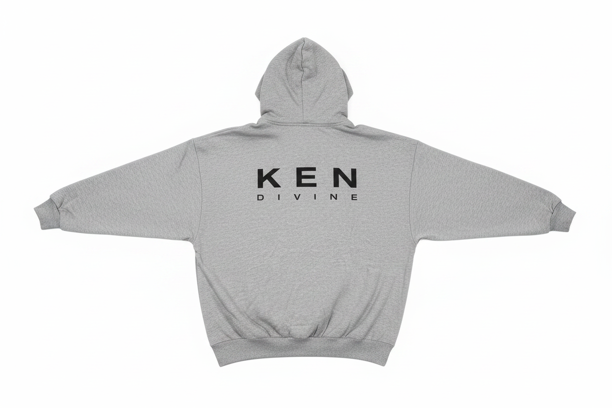 Ken Divine Hoodie in grey marl, back view showing KEN DIVINE screen print on white background