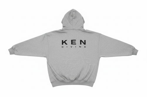 Ken Divine Hoodie in grey marl, back view showing KEN DIVINE screen print on white background