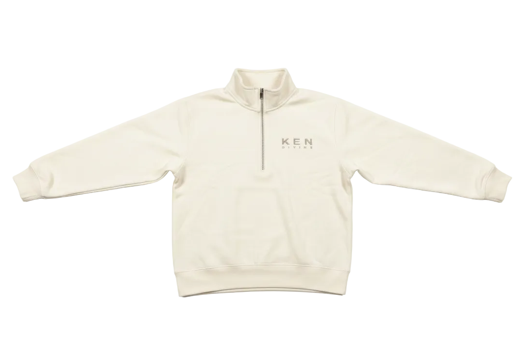 Ken Divine Quarter Zip in cream on white background, front view