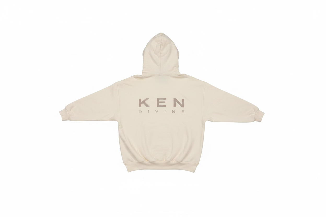 Ken Divine Hoodie in cream, back view showing KEN DIVINE logo on white background