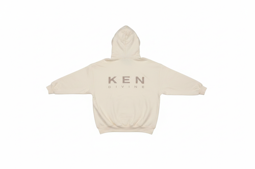 Ken Divine Hoodie in cream, back view showing KEN DIVINE logo on white background